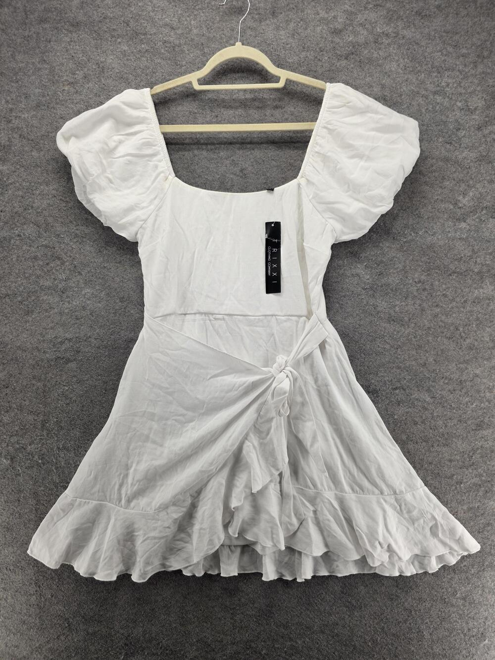 Trixxi Dress Juniors L White Square Neck Puff Sleeve Fit Flare Ruffle Short